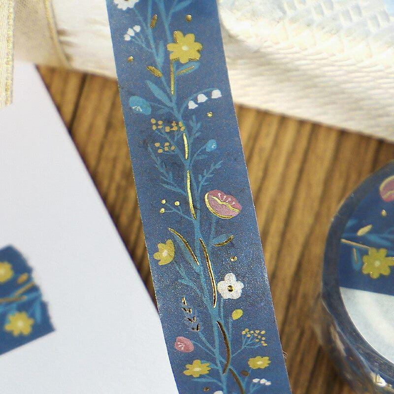 Tsuchihatsukana (常初花) Blue Floral & Gold Foil Washi Tape