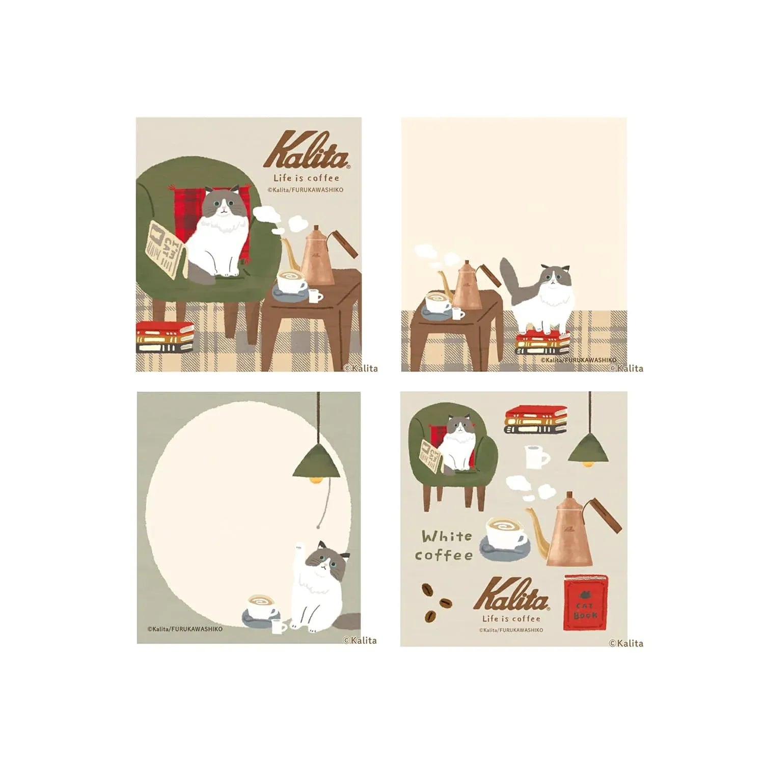 Cats, Books & White Coffee Memo Pad - Furukawa x Kalita