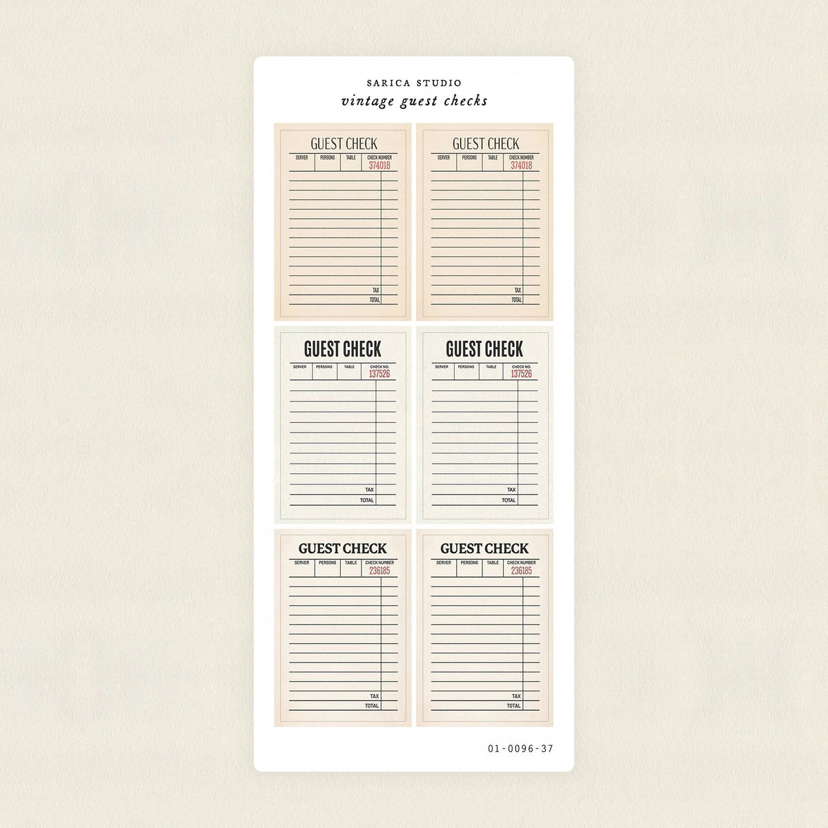 Vintage Guest Checks Sticker Sheet